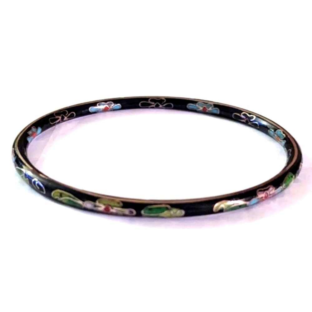 Vintage Chinese Cloisonne Black Floral Bangle Bracelet 4mm 2.6 inches